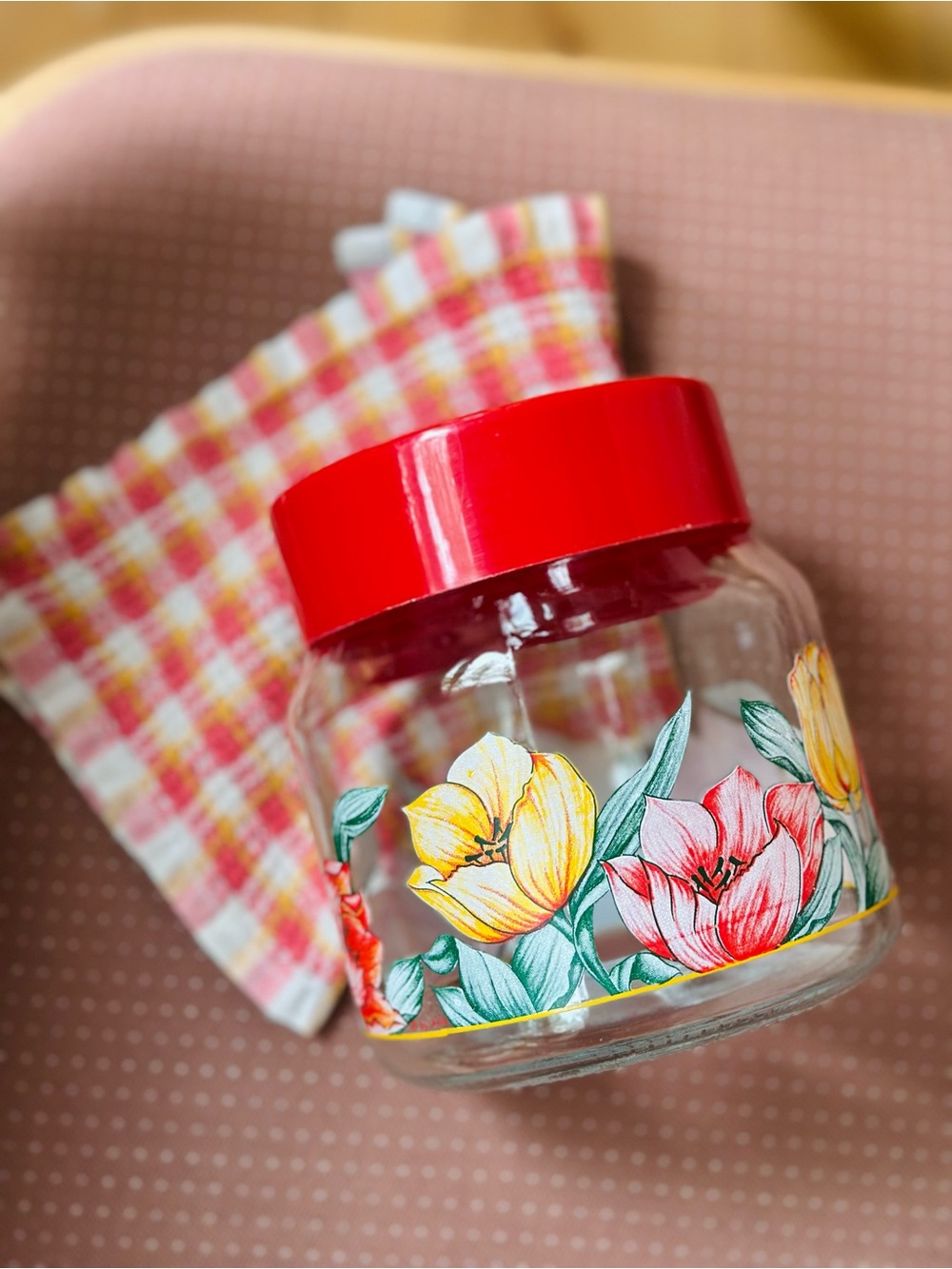 Vintage Tulip Floral Glass Jar Canister with Red Lid